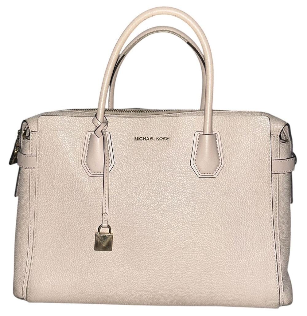 Michael Kors Mercer Large Pebbled Leather Light Pink Belted Satchel
